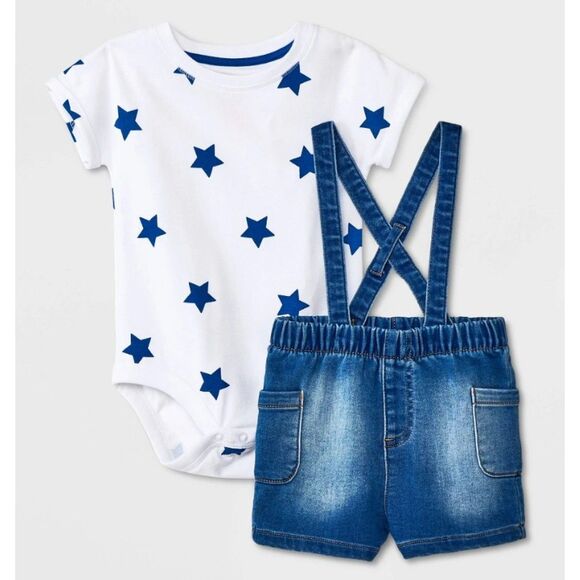 NEW NWT Boys Sz 18 Months Blue Star Bodysuit & Denim Suspender Shorts 2 Pc Set - Picture 3 of 4